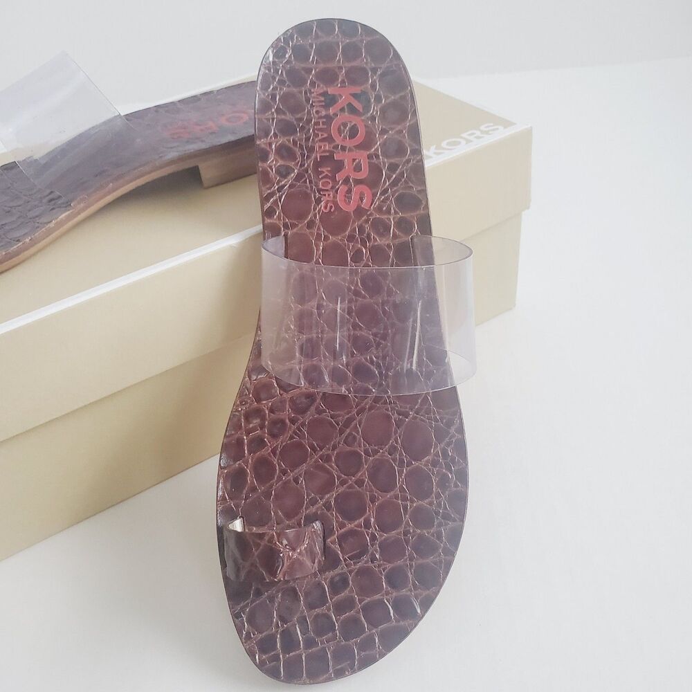 KORS Michael Kors Sandals Size 7M Clear Strap Toe Loop Croc Embossed Slides